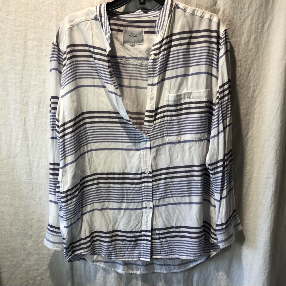 Rails blue and white horizontal stripe button down rayon blouse Chinese collar L